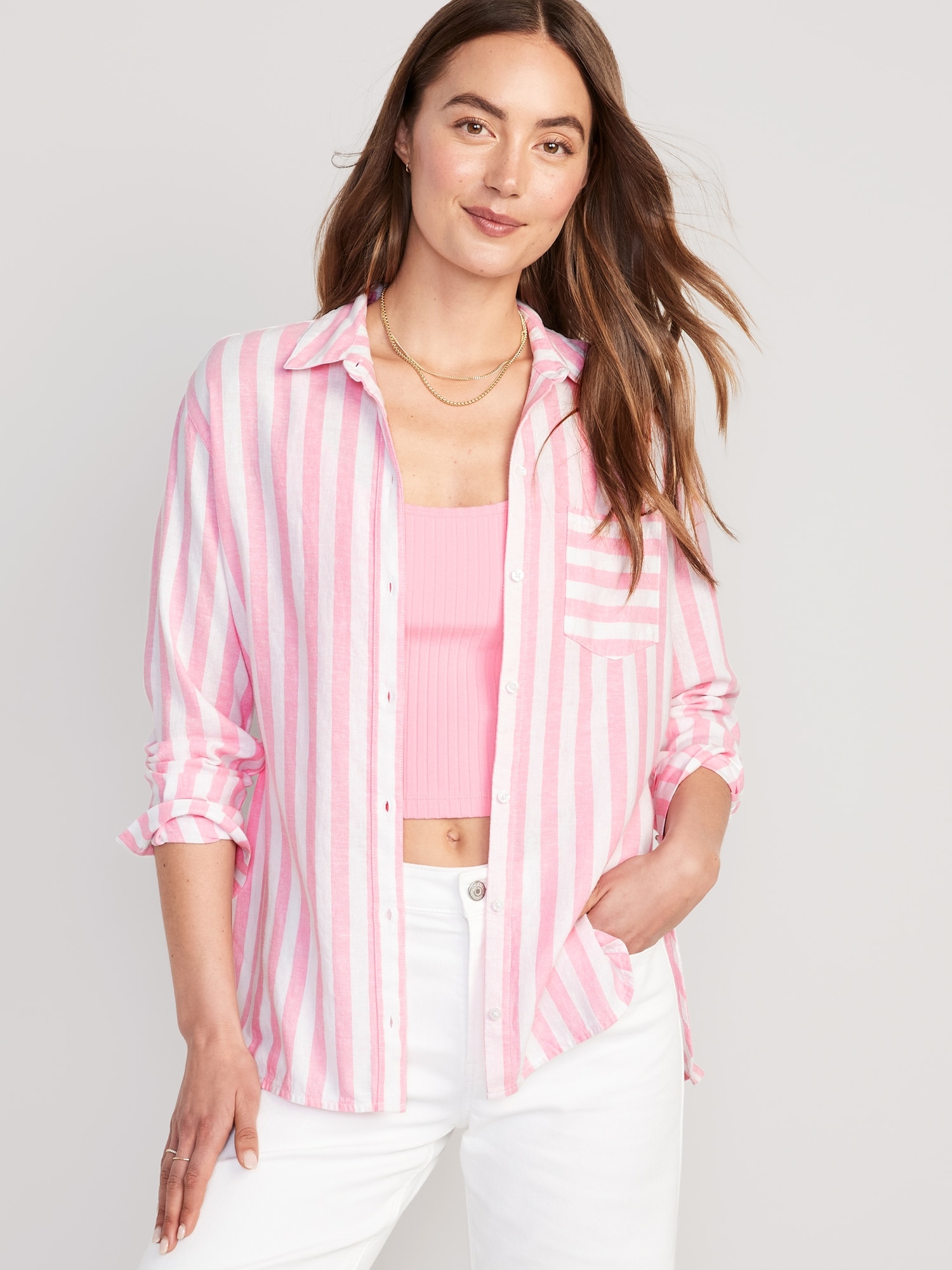 Old Navy Striped Linen-Blend Boyfriend Shirt for Women pink. 1