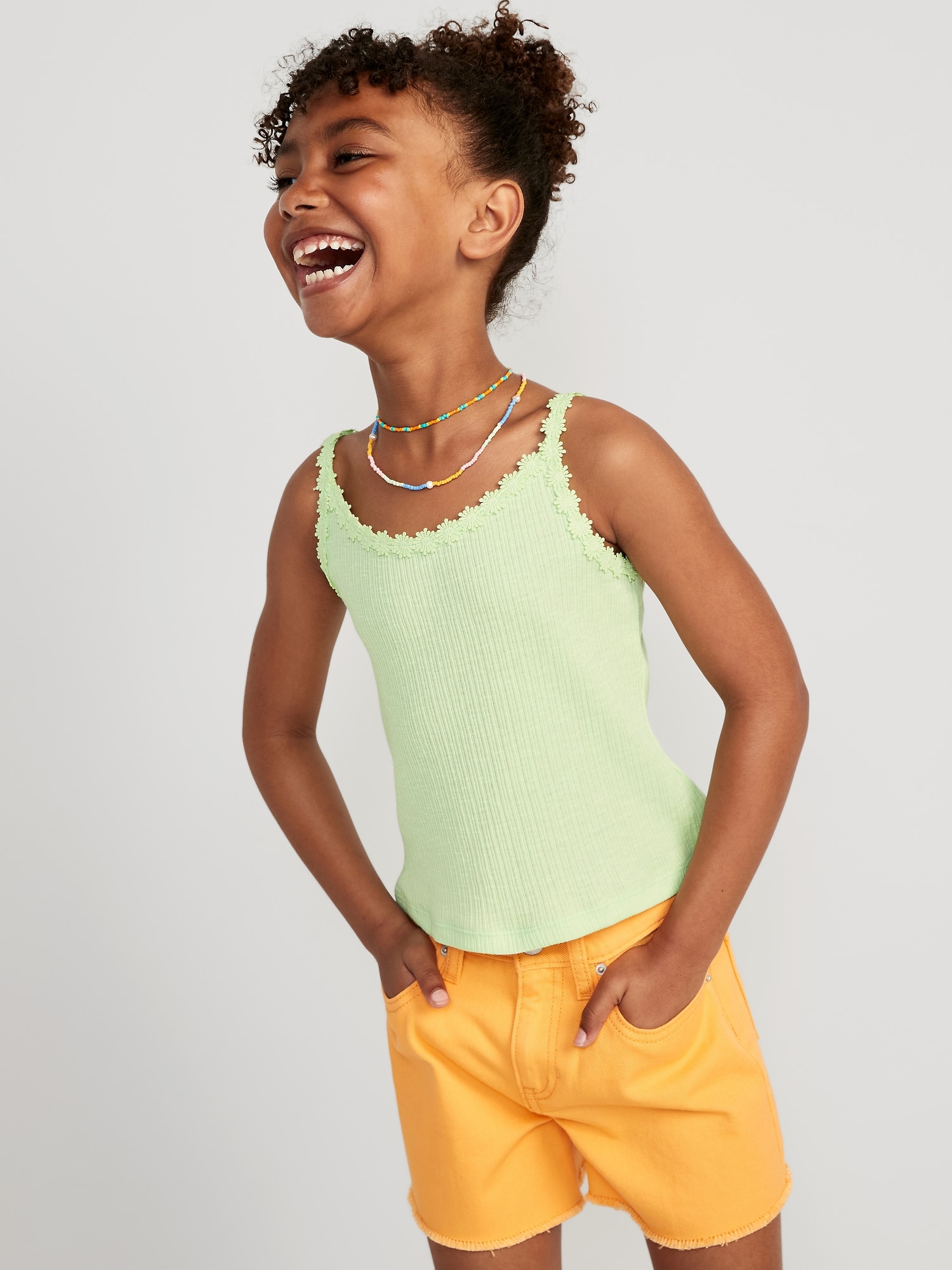 Old Navy Rib-Knit Lace-Trim Fitted Cami for Girls green. 1