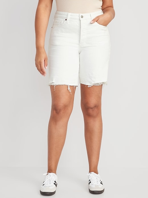 Image number 4 showing, High-Waisted OG Straight Button-Fly White Jean Shorts -- 9-inch inseam
