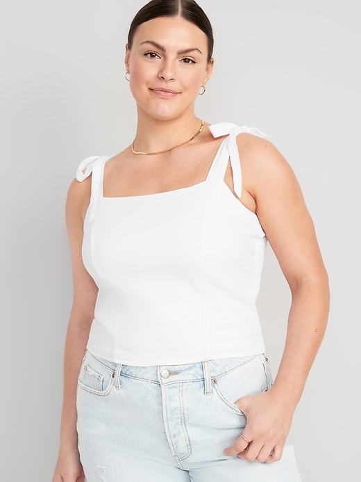Image number 5 showing, Fitted Linen-Blend Tie-Shoulder Cropped Corset Cami Top
