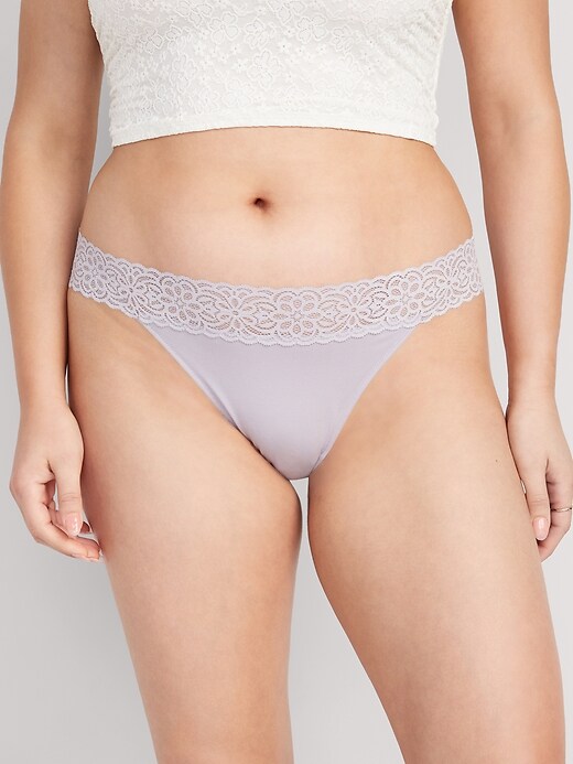 Image number 3 showing, Mid-Rise Supima&#174 Cotton-Blend Lace-Trim Thong Underwear