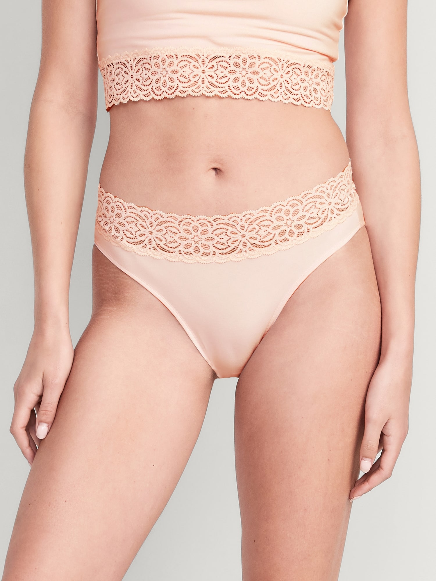 Old Navy Mid-Rise Supima® Cotton-Blend Lace-Trimmed Bikini Underwear pink. 1