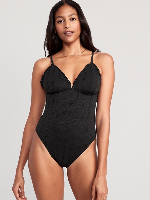 Image number 1 showing, Eyelet-Embroidered V-Neck Ruffle-Trimmed One-Piece Swimsuit
