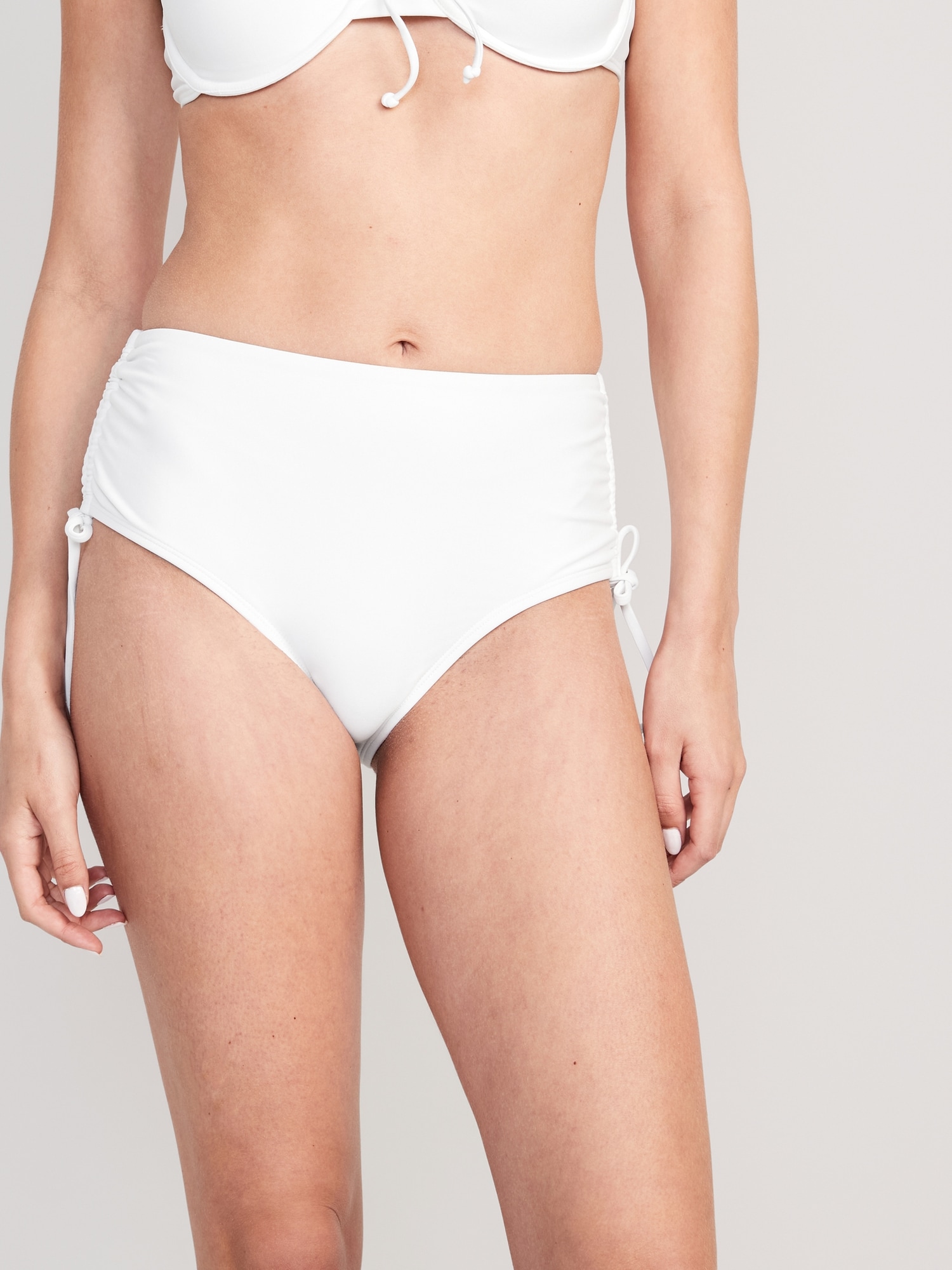 WHITE RIB Recycled Fibers High Waist Thong Bikini Bottom - White