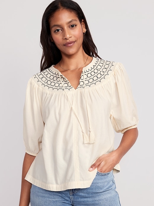 Image number 1 showing, Puff-Sleeve Tie-Front Embroidered Swing Top