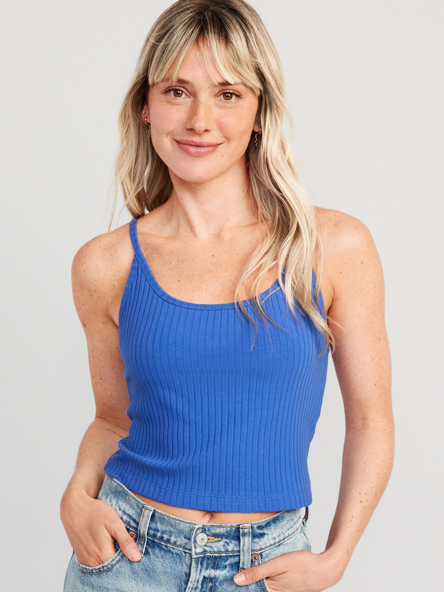 Old Navy Strappy Rib-Knit Cropped Tank Top for Women blue. 1