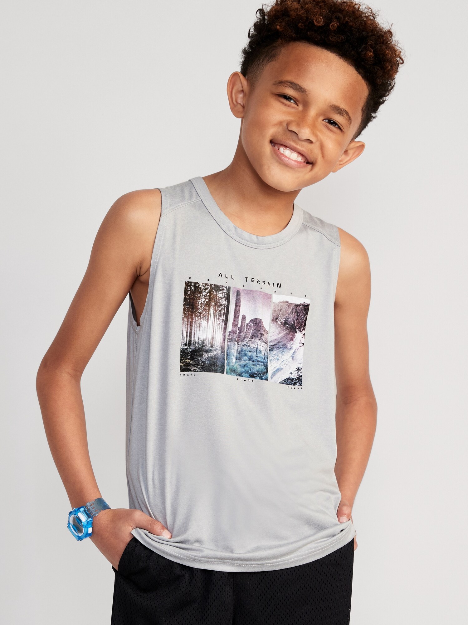 Old Navy Cloud 94 Soft Go-Dry Cool Graphic Performance Tank for Boys gray. 1