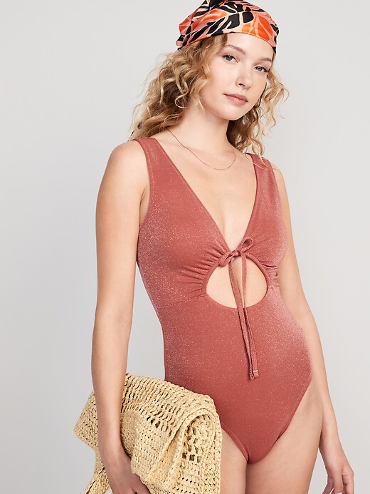 Image number 3 showing, Cutout-Front Metallic Shine One-Piece Swimsuit