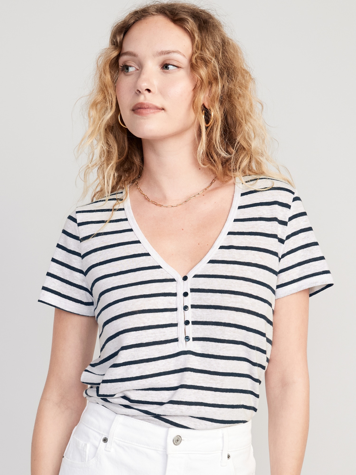Old Navy Striped Linen-Blend Cropped Henley for Women blue. 1