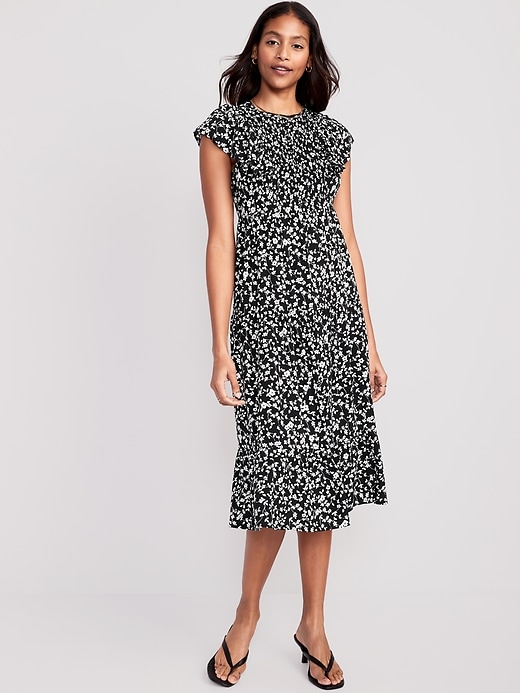 Fit & Flare Flutter-Sleeve Tiered Smocked Midi Dress | Old Navy