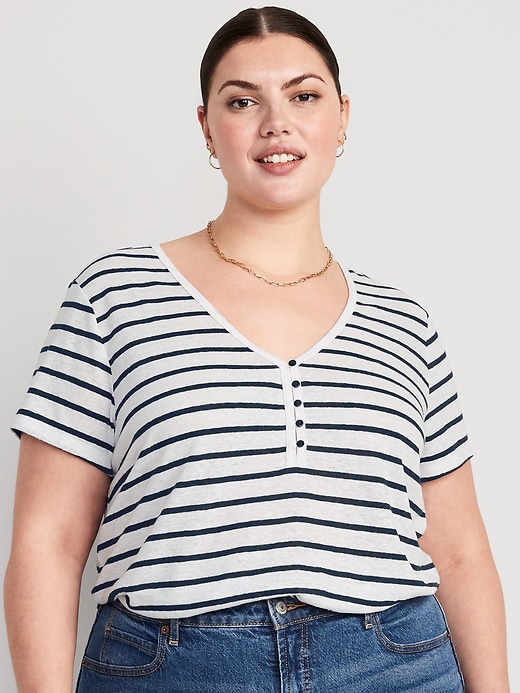 Striped Linen-Blend Crop Henley | Old Navy