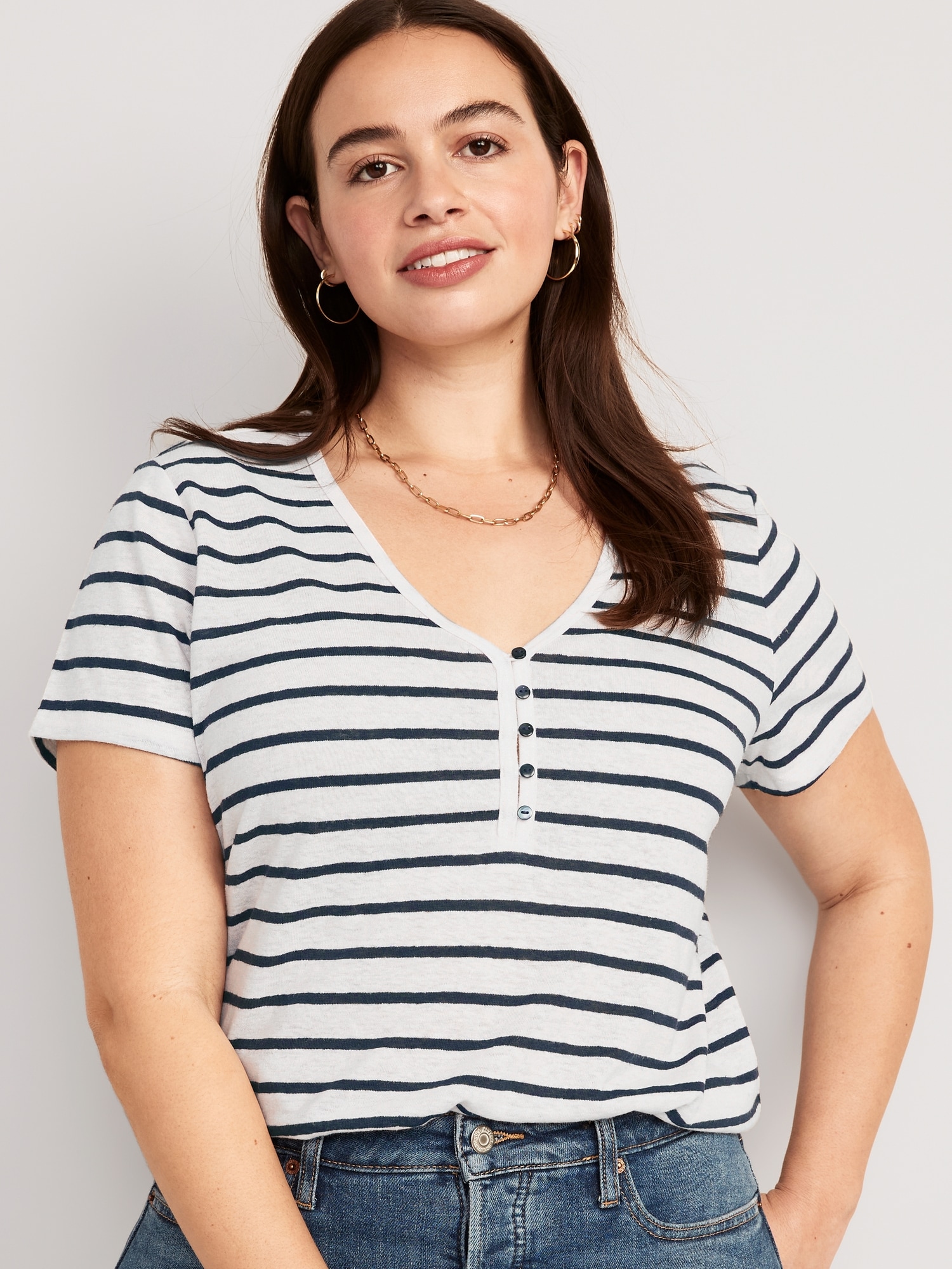 Striped Linen-Blend Crop Henley | Old Navy