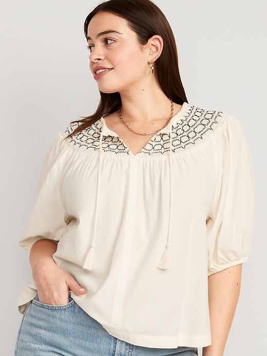 Image number 4 showing, Puff-Sleeve Tie-Front Embroidered Swing Top