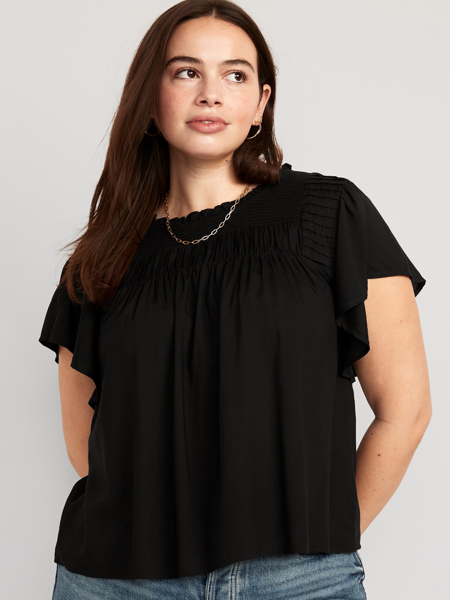 Flutter-Sleeve Smocked Pintucked Swing Blouse | Old Navy
