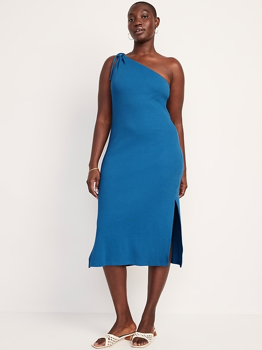 Image number 5 showing, Fitted One-Shoulder Double-Strap Rib-Knit Midi Dress