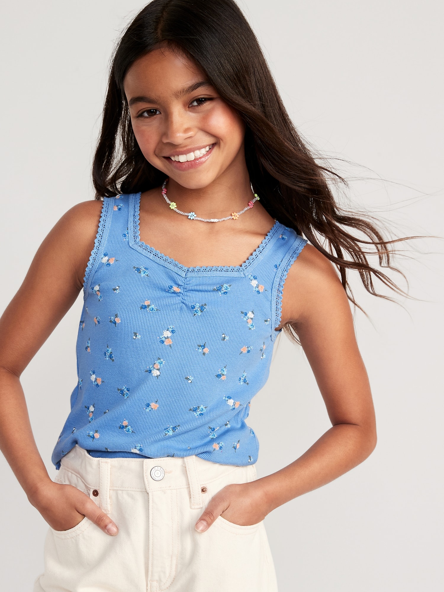 Old Navy Sweetheart Lace-Trim Printed Tank Top for Girls blue. 1