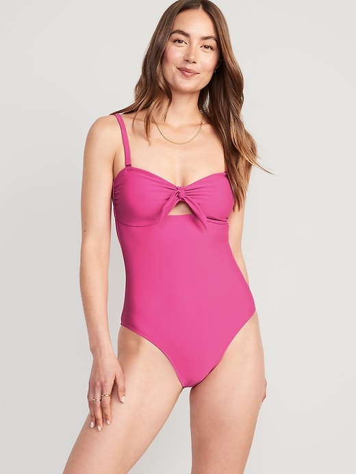 Image number 1 showing, Tie-Front Keyhole Bandeau-Style One-Piece Swimsuit