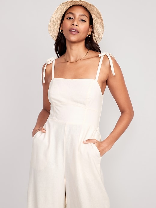 Image number 3 showing, Linen-Blend Tie-Shoulder Corset Cami Jumpsuit