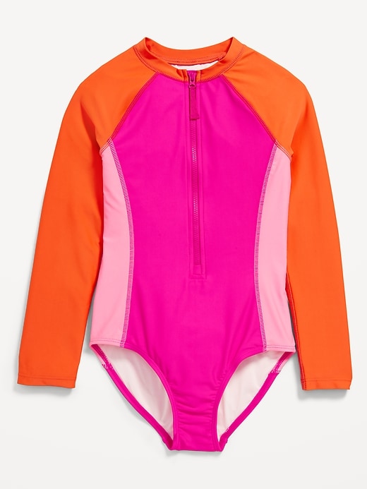View large product image 1 of 2. Color-Block Zip-Front Rashguard One-Piece Swimsuit for Girls