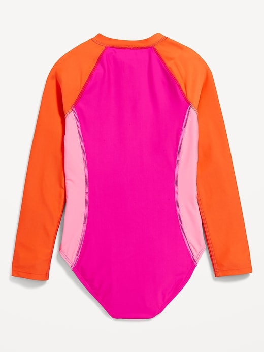 View large product image 2 of 2. Color-Block Zip-Front Rashguard One-Piece Swimsuit for Girls