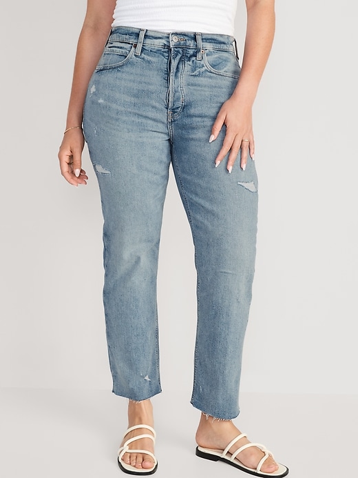 Image number 5 showing, Extra High-Waisted Button-Fly Cut-Off Straight Jeans