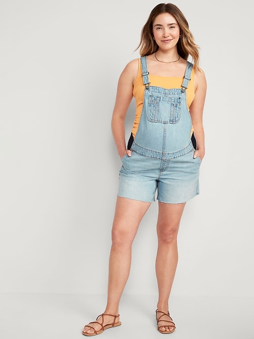 Image number 1 showing, Maternity Side-Panel Slouchy Non-Stretch Jean Cut-Off Shortalls -- 5-inch inseam