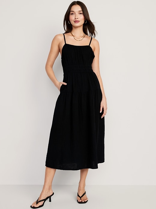 Image number 1 showing, Waist-Defined Smocked Tiered Midi Cami Dress