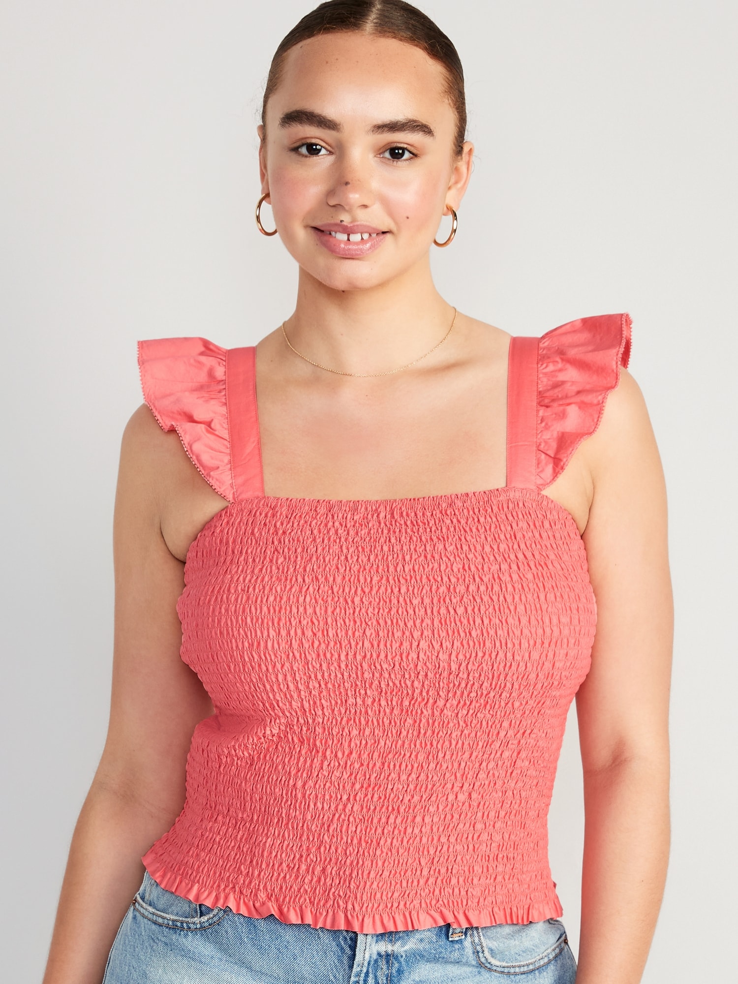Fitted Ruffle-Strap Smocked Cropped Top