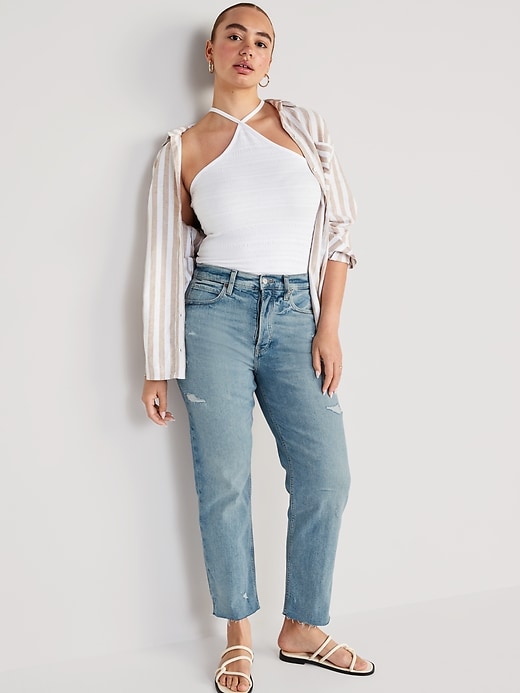 Image number 3 showing, Extra High-Waisted Button-Fly Cut-Off Straight Jeans