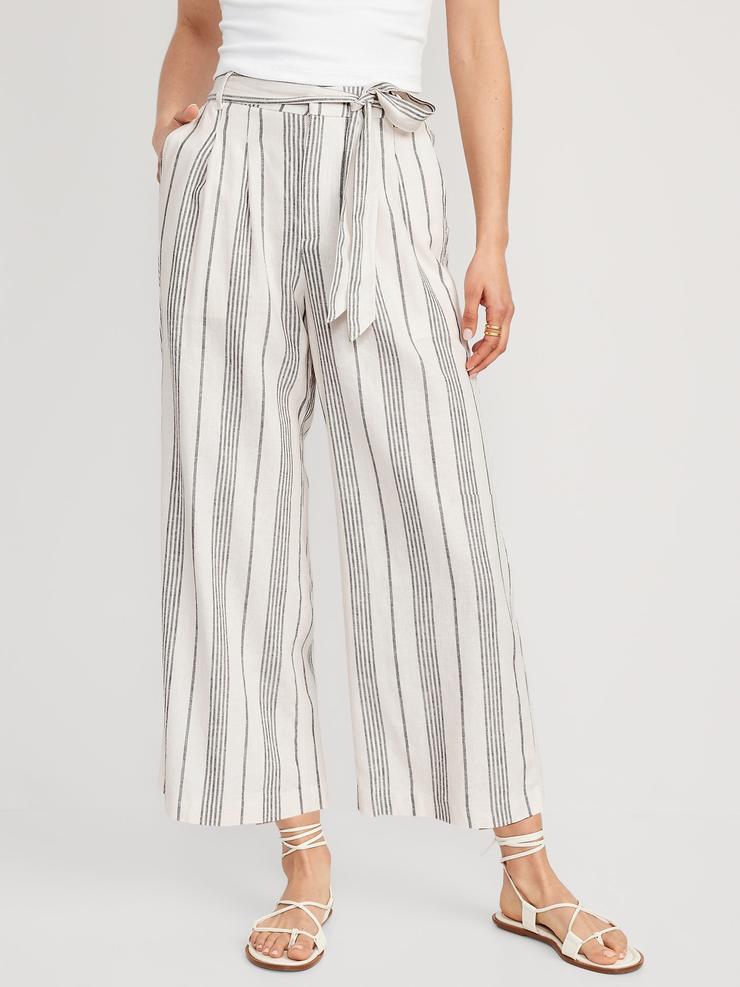 High-Waisted Striped Linen-Blend Wide-Leg Pants for Women