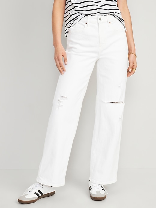 Image number 1 showing, Extra High-Waisted Wide Leg Cut-Off White Jeans