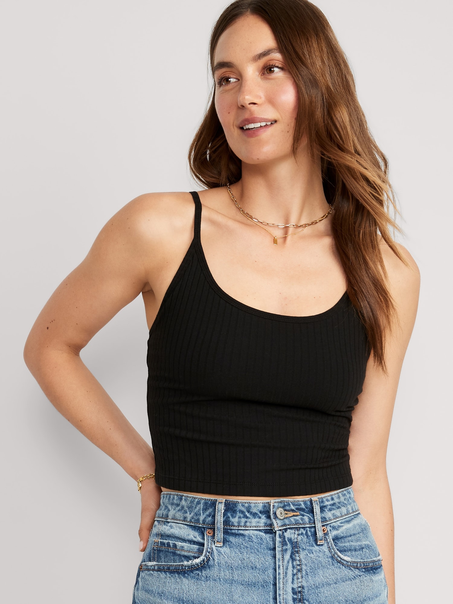 Old Navy Strappy Rib-Knit Cropped Tank Top for Women black. 1