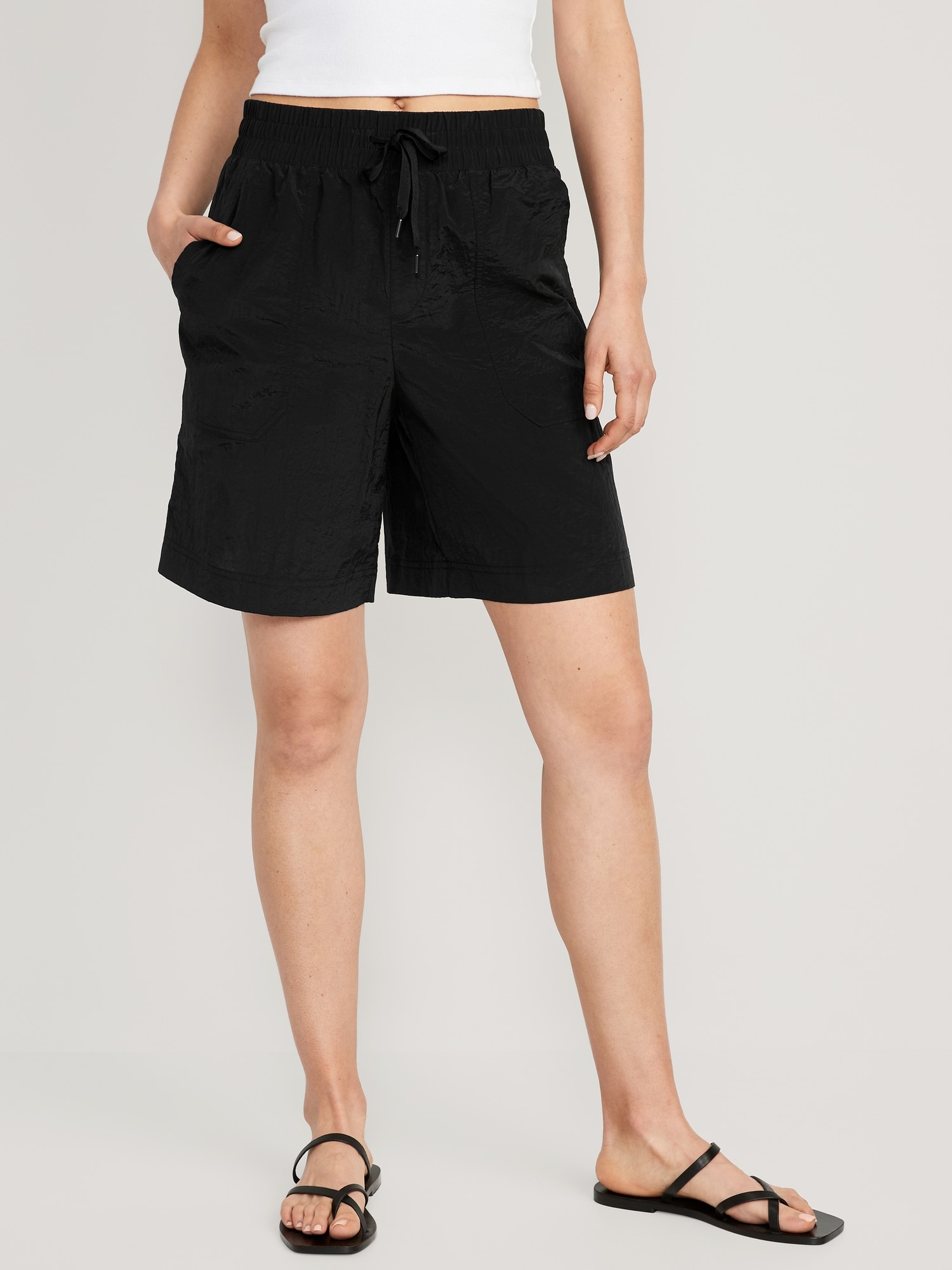 High-Waisted Shiny Nylon Bermuda Shorts -- 11-inch inseam