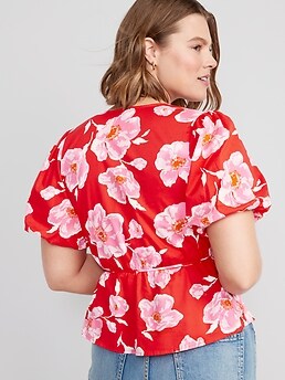 Waist-Defined Floral Puff-Sleeve Tie-Wrap Blouse