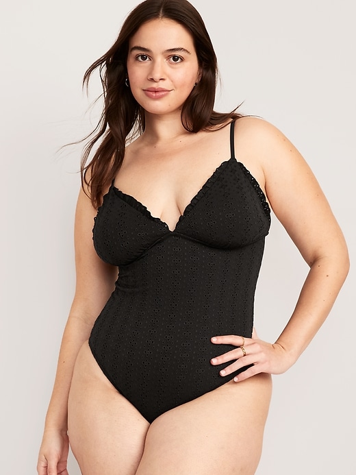 Image number 4 showing, Eyelet-Embroidered V-Neck Ruffle-Trimmed One-Piece Swimsuit