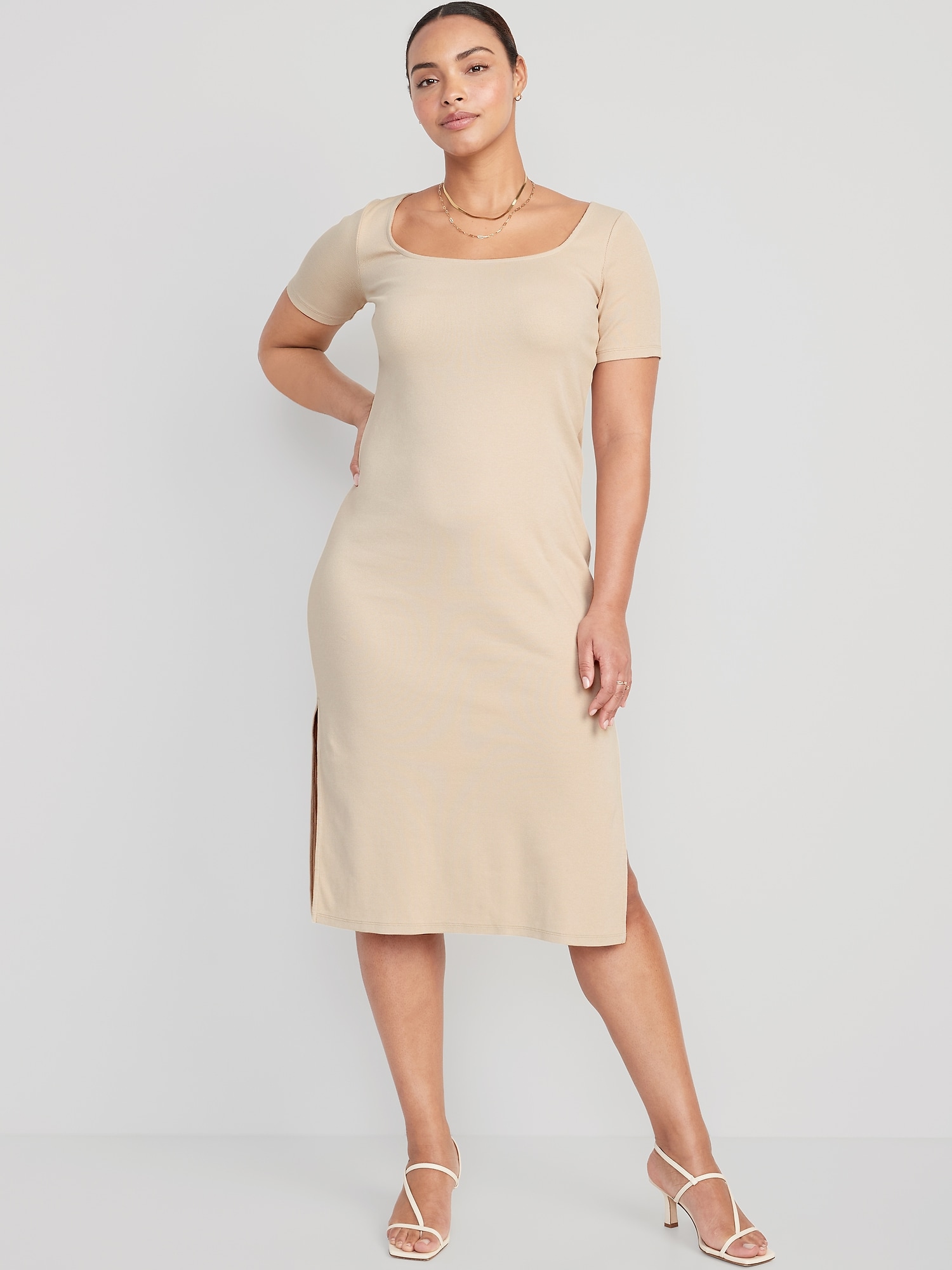 Fitted RibKnit ScoopNeck Midi Dress for Women Old Navy