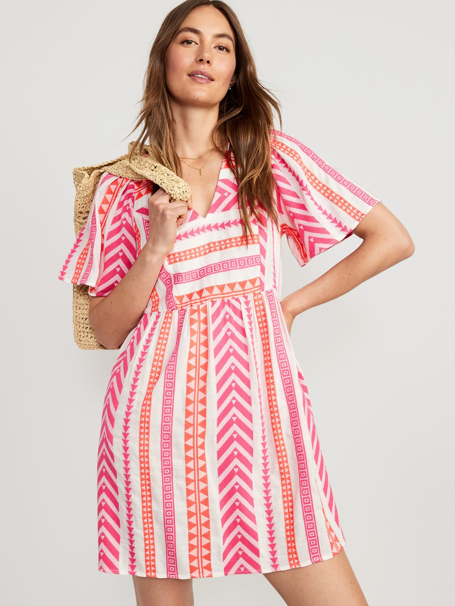 Flutter-Sleeve V-Neck Jacquard Mini Swing Dress for Women | Old Navy