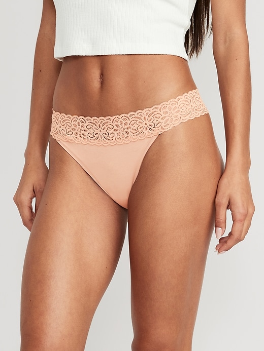 Image number 1 showing, Mid-Rise Supima&#174 Cotton-Blend Lace-Trim Thong Underwear