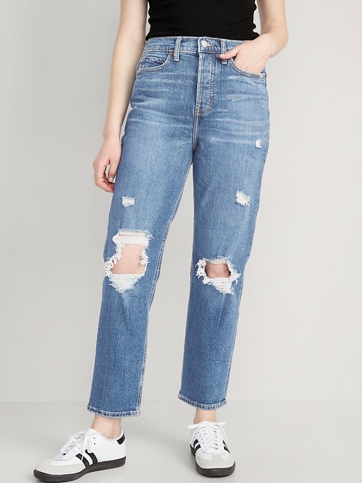 Image number 1 showing, Extra High-Waisted Sky-Hi Straight Button-Fly Ripped Jeans for Women