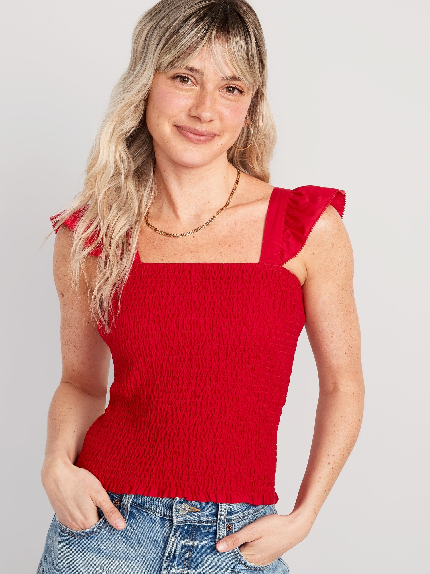 Old Navy Fitted Ruffle-Strap Smocked Cropped Top for Women red. 1