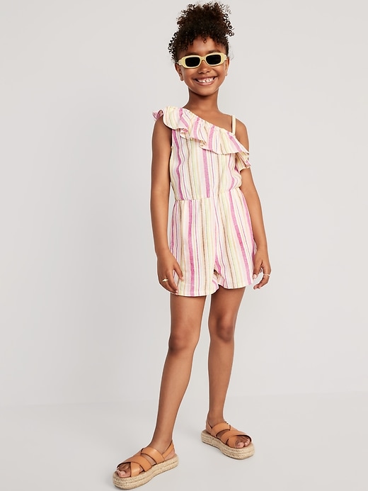 View large product image 1 of 2. Matching Linen-Blend Ruffled One-Shoulder Romper for Girls