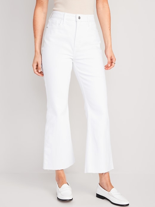 Image number 1 showing, Higher High-Waisted White Cropped Cut-Off Flare Jeans