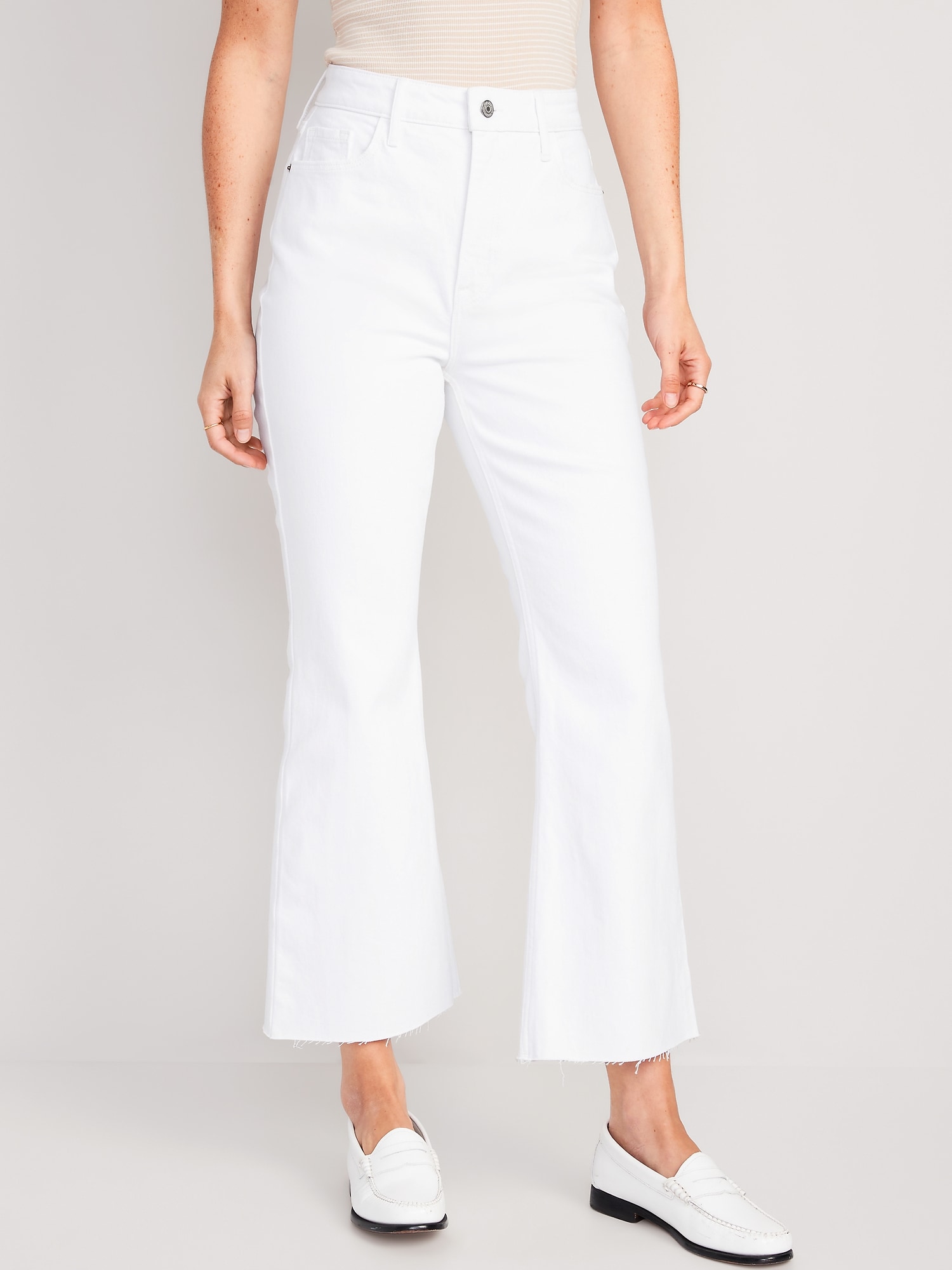 Higher High-Waisted White Cropped Cut-Off Flare Jeans