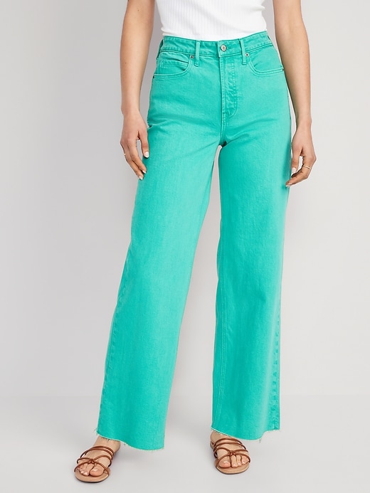 Image number 1 showing, Extra High-Waisted Pop-Color Wide Leg Cut-Off Jeans