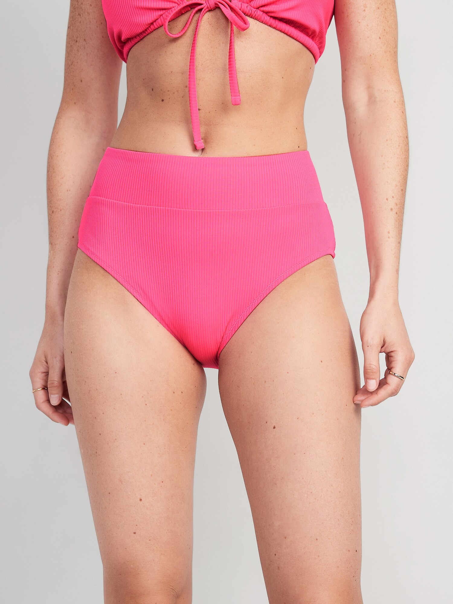 Old Navy High-Waisted Banded Rib-Knit Bikini Swim Bottoms for Women pink. 1