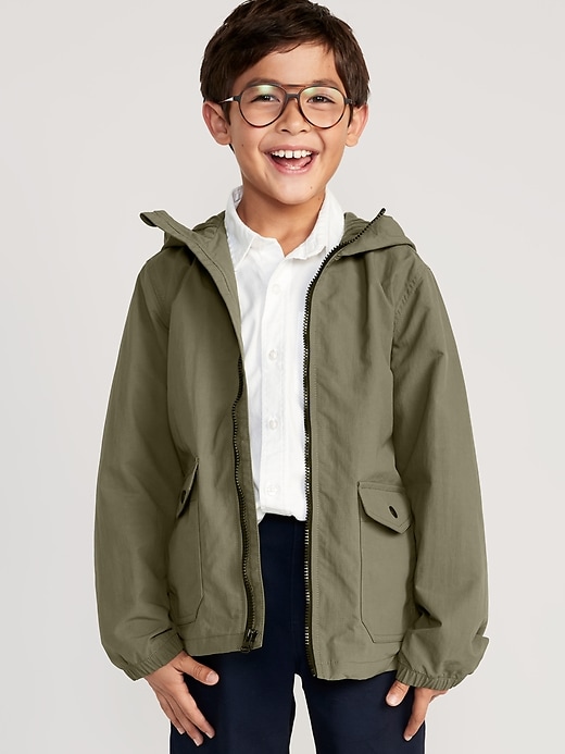 View large product image 1 of 1. Gender-Neutral Water-Resistant Hooded Zip Utility Jacket for Kids