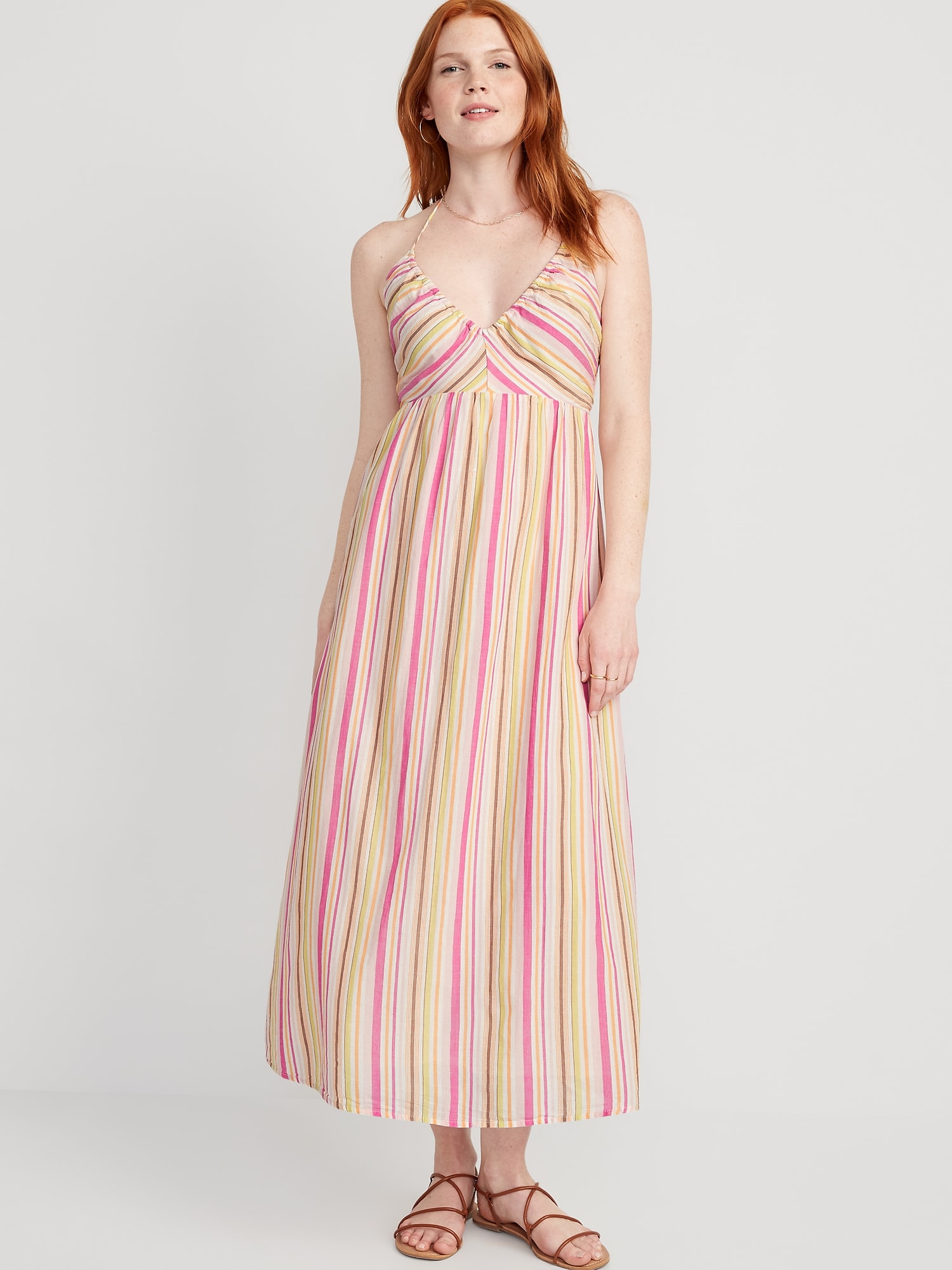 Fit & Flare Striped Halter Maxi Dress