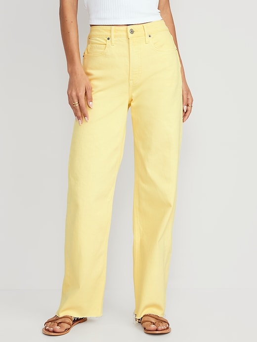 Image number 1 showing, Extra High-Waisted Pop-Color Wide-Leg Cut-Off Jeans