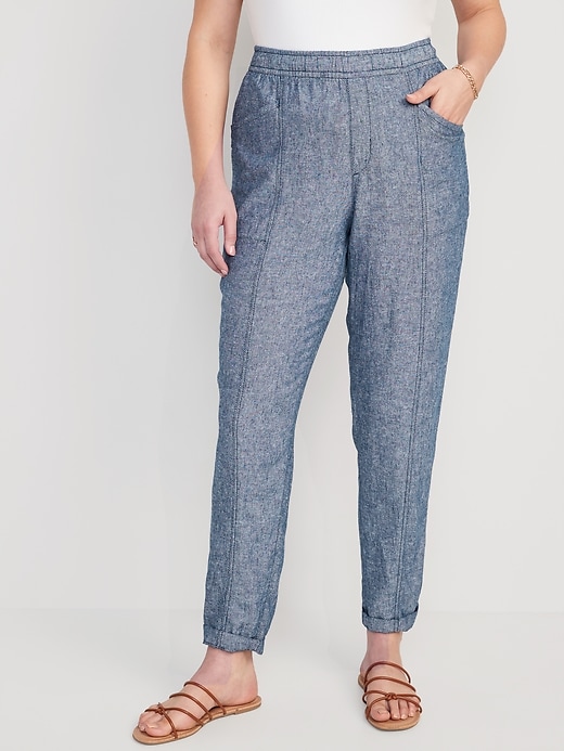 Image number 5 showing, High-Waisted Chambray Cropped Linen-Blend Tapered Pants