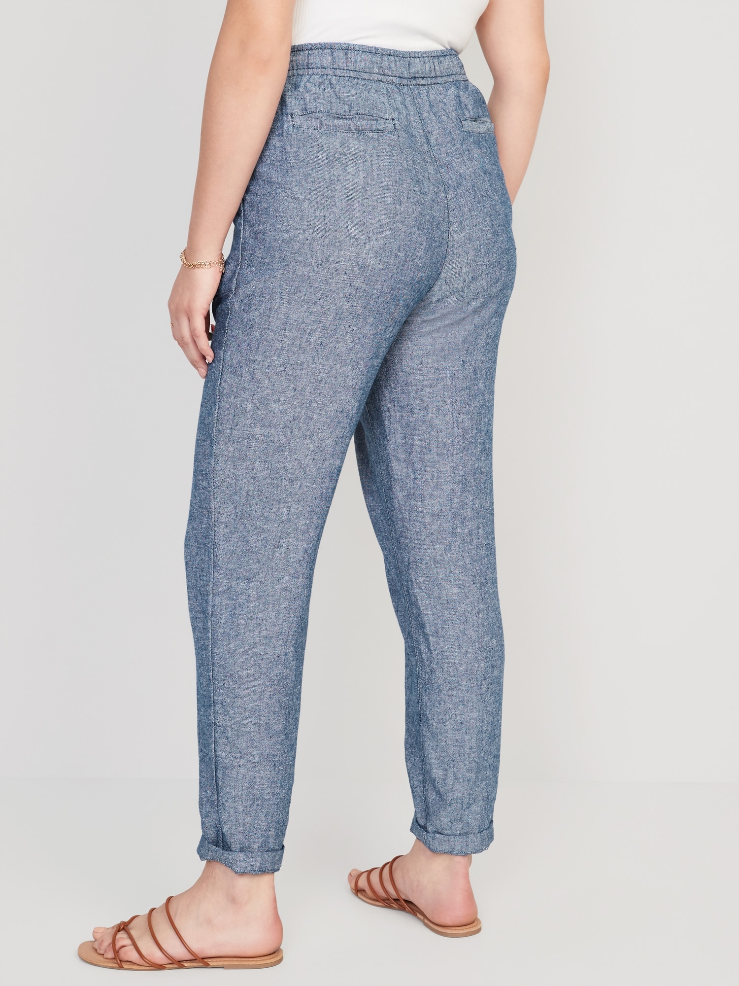 High-Waisted Chambray Cropped Linen-Blend Tapered Pants for Women